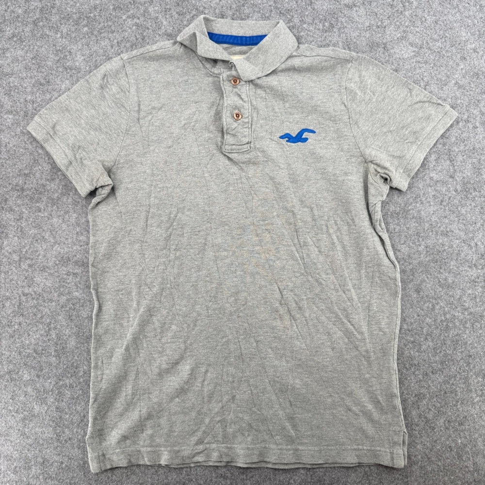 Hollister Y2K Polo Shirt Mens M Grey Short Sleeve Embroidered Blue Seagull EUC